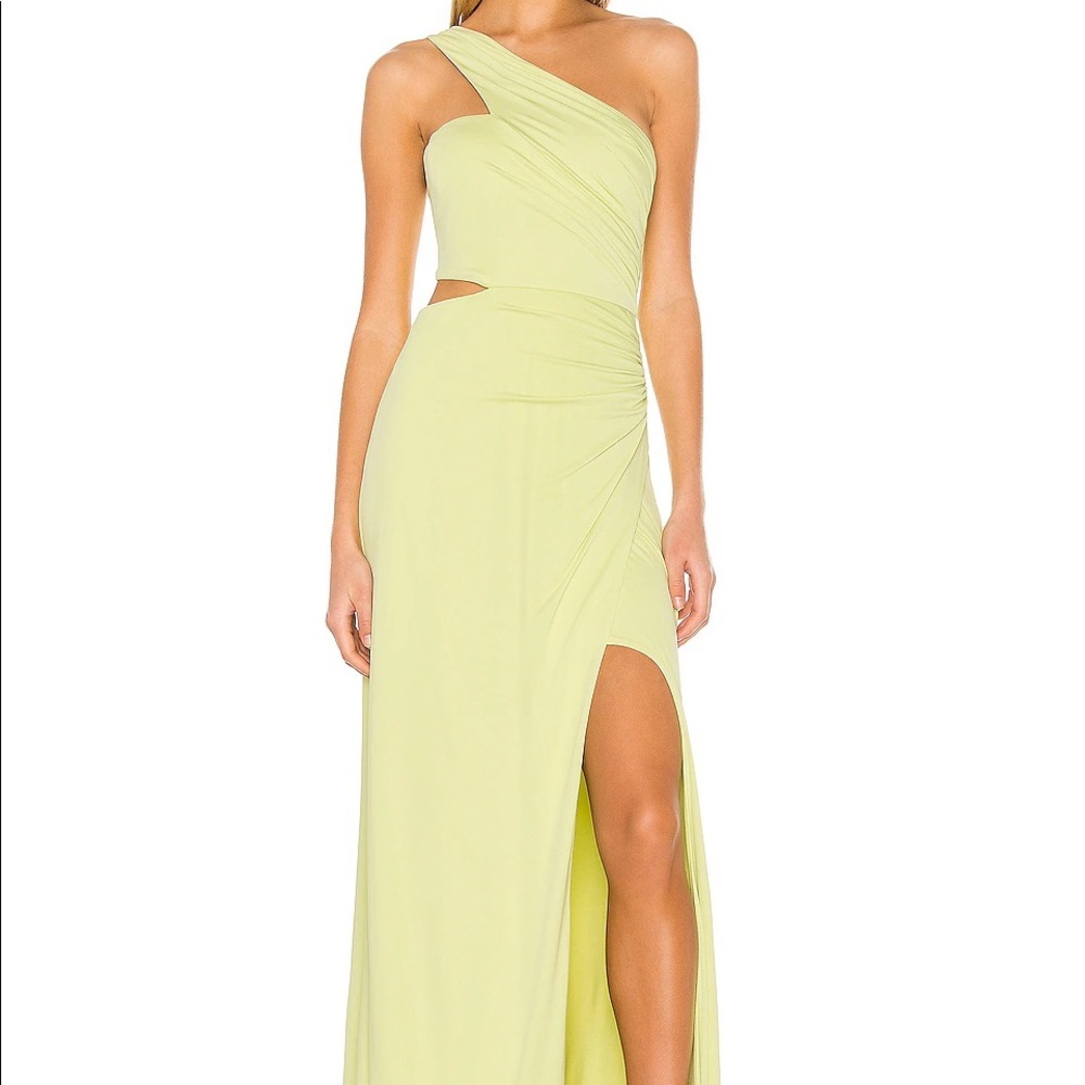 Green/yellow revolve gown bcbgmaxzaria one shoulder cut out evening dress
